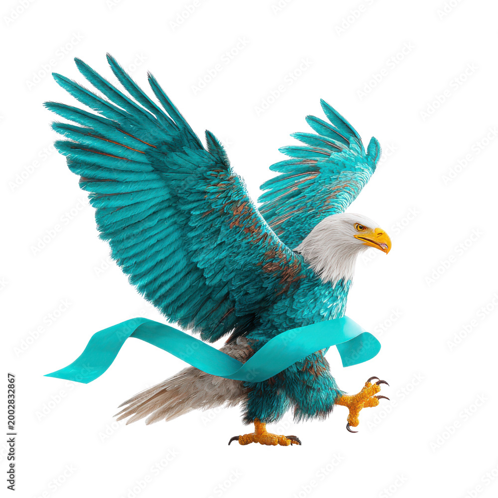 Obraz premium Eagle with blue ribbon flying in tribute design showing powerful wings and sharp claws in dynamic motion