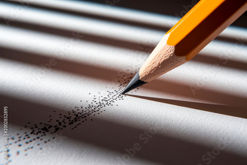 A sharpened pencil drawing tiny dots on paper, casting striped shadows in soft light.