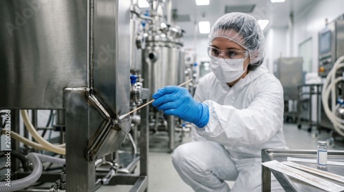 Sterile swab sampling from critical cleanroom surface shows microbiology monitoring, contamination investigation and environmental control in pharma manufacturing.