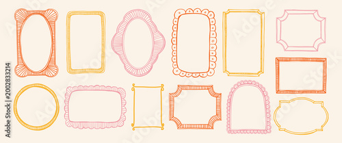 Vintage frame set with hand drawn oval, arch and rectangle borders. Doodle line art retro empty banner placard and poster decor. Nostalgic whimsical element bundle, scrapbook, stationery, card design.