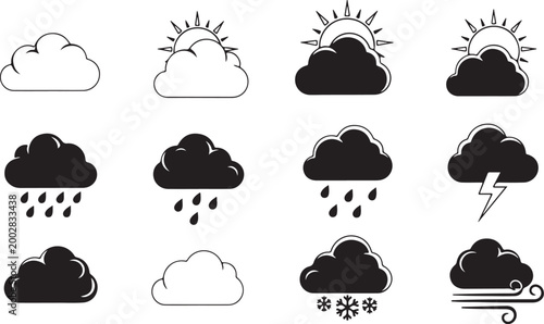 Weather icons set with sun, rain, snow, and storm isolated on transparent background, Vector