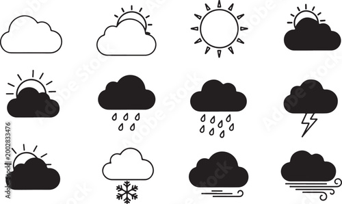 Weather icons set with sun, clouds, rain, snow, and lightning isolated on transparent background, Vector