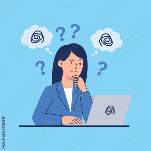 Confused businesswoman at laptop with question marks, stressed office worker feeling overwhelmed, frustrated woman facing complex problem at work