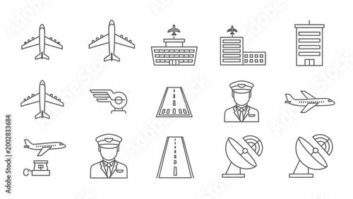 Aviation Icon Set: A comprehensive collection of meticulously crafted, clean-lined aviation icons showcases a range of elements related to flight and airport activity.