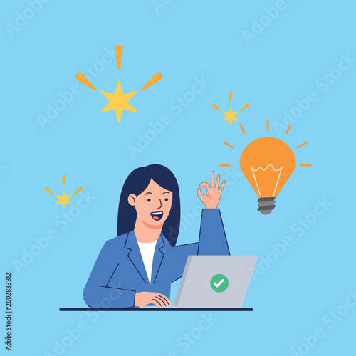 Creative businesswoman with lightbulb idea at laptop, professional woman finding solution in office, innovative thinking and success concept vector