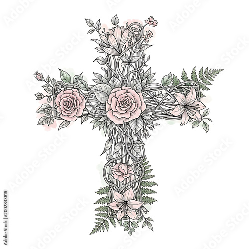 Easter Cross Made of Flowers Watercolor Isolated on White Background