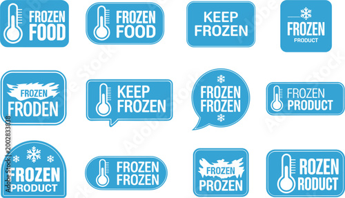Frozen food labels set, keep frozen stickers collection, cold storage symbols with thermometer icons for packaging