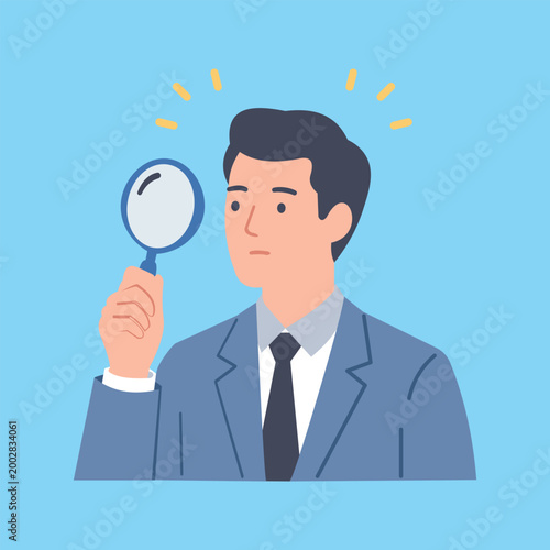 Professional businessman holding magnifying glass for research, focused male investigator analyzing data, corporate auditor searching for details