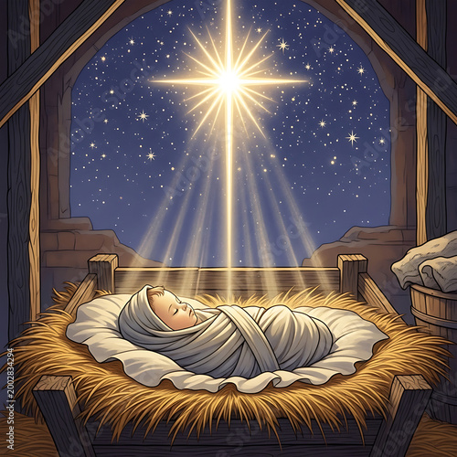 Jesus Christ Sleeping in Manger Under Shining Star Painted Illustration