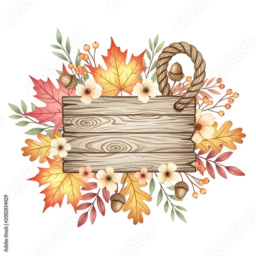 Hanging Autumn Wooden Sign Illustration Isolated on White and Png Transparent Background