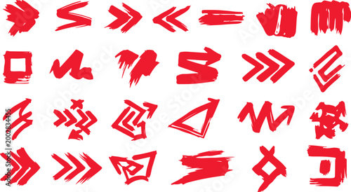 Red abstract brush stroke arrows and shapes set isolated on transparent background, Vector