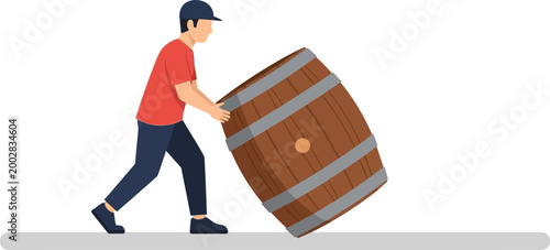Man Rolling a Large Wooden Barrel for Wine Storage