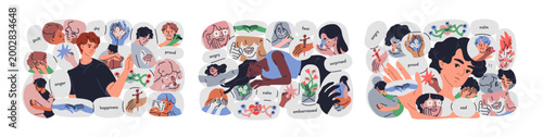 People feeling positive and negative emotions, thoughts. Good and bad mood, s...