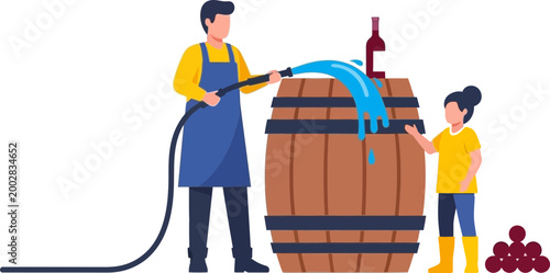 Child and Adult Tapping Wine Barrel for National Wine Day Celebration