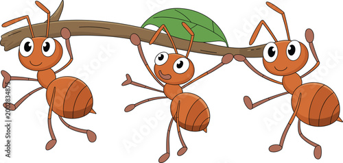 Cartoon ants carrying leaf and stick, teamwork insects illustration, cute characters in nature activity concept