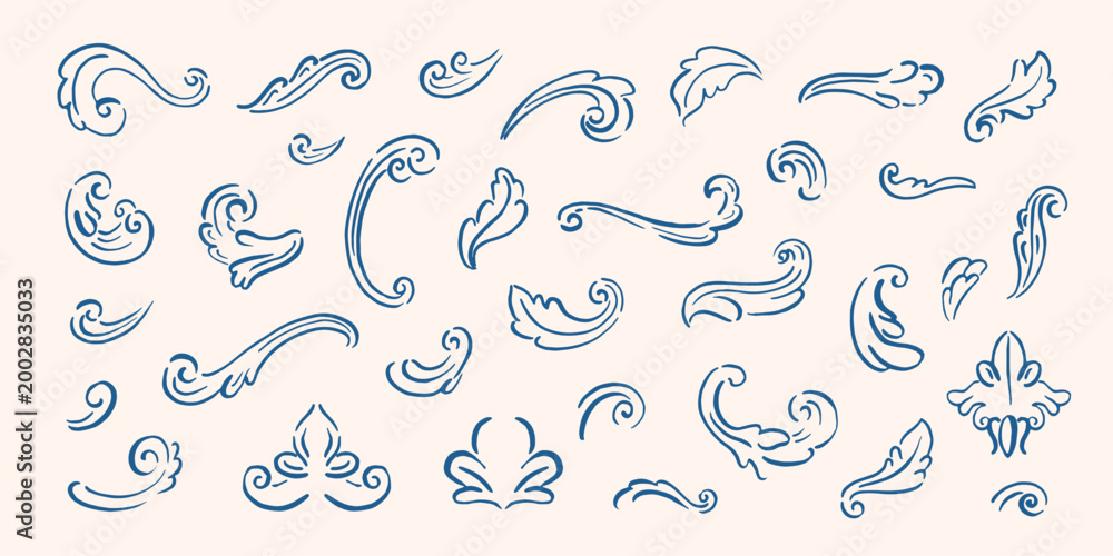 Obraz premium Set of curves, monograms, classical arcitecture decor. Design elements for frame, mirror, pattern, border. Baroque decor. Hand drawn, sketch traditional, antique ornaments
