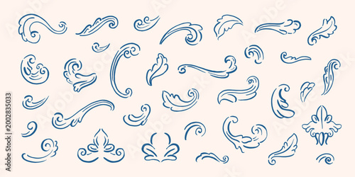 Set of curves, monograms, classical arcitecture decor. Design elements for frame, mirror, pattern, border. Baroque decor. Hand drawn, sketch traditional, antique ornaments
