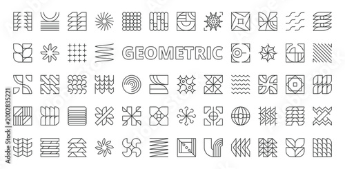 Geometric abstract icons in line design. geometric abstract, shapes, geometry, pattern, symmetry, minimal, design on white background vector. Geometric abstract editable stroke icons