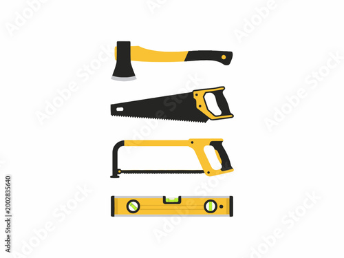 Carpentry Hand Tool Set with Axe Handsaw and Level on White