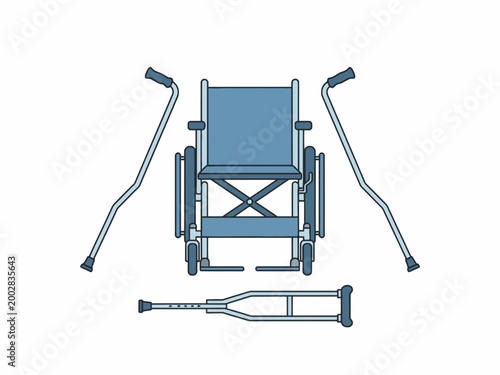 Wheelchair and Crutch Mobility Aid on White Flat Illustration