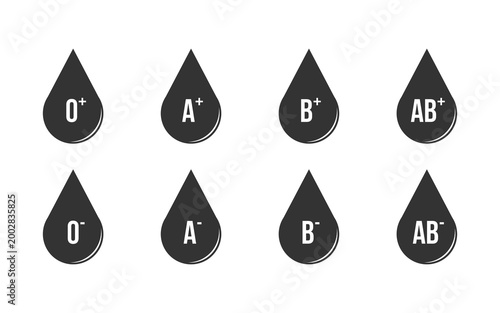 Blood group simple symbols. Blood type icon set. A B O AB group, positive and negative version icons. Isolated blood group signs.
