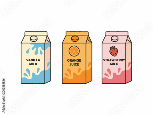 Vanilla strawberry milk and orange juice cartons vector