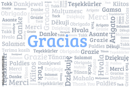 Gracias word meaning thank you in Spanish language. Thank you in various languages. Different international language thank you word collage.