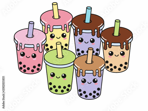 Kawaii Bubble Tea Cups with Smiling Faces on White Background