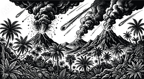 Dramatic black and white illustration depicting active volcanoes raining meteors and dense tropical jungle foliage A powerful representation of natural disaster and primal earth.