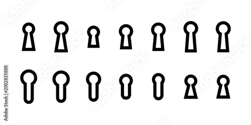 Keyhole icon set. Black key hole privacy symbol collection. User interface design element set. Line art graphic design.