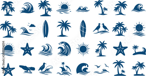 Blue tropical beach and surf icons set isolated on transparent background, Vector