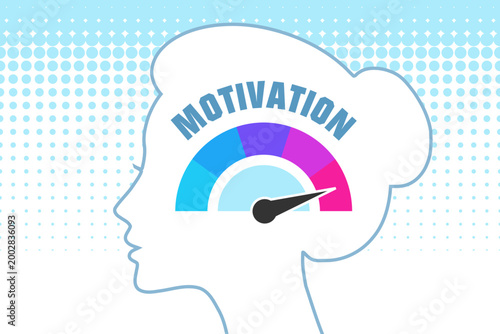 Motivation level meter on a woman head profile view. Teamwork and employment concept illustration.