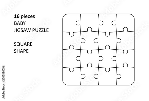 Jigsaw puzzle blank template. Cutting lines grid design for baby jigsaw square puzzle - 16 pieces.
