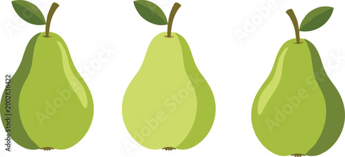 Set of three fresh green pears with leaves isolated on white background.