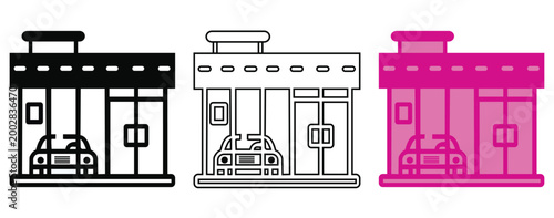Modern Car Dealership Showroom and Auto Gallery Icon Set in Flat Glyph and Outline Styles