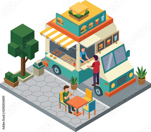 People eating at outdoor food truck on street corner with tree