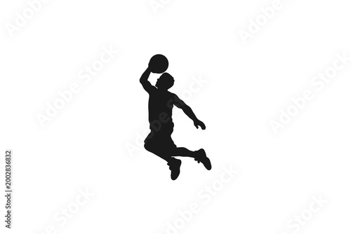 High angle basketball player jumping for a slam dunk silhouette