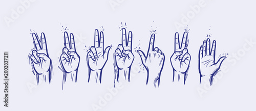 Fotografia Hand gestures set with various finger positions for communication sign language symbols collection hand drawn ink sketches showing peace victory count and pointing for graphic design project