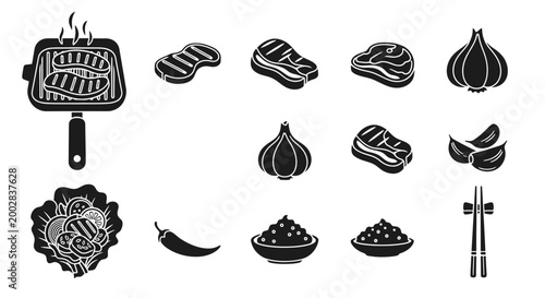 Food icons with grill and utensils.