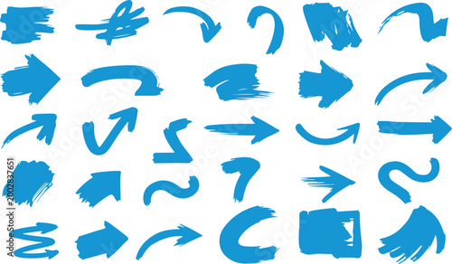 Hand-painted blue arrow icons in various styles isolated on transparent background, Vector
