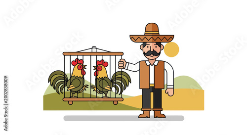 Mexican Man with Roosters in Cage Illustration