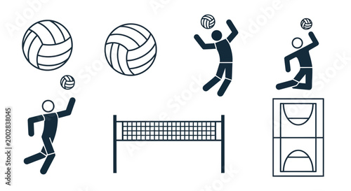 Volleyball Sport Icon Set: Players, Net, Balls, Court, Action