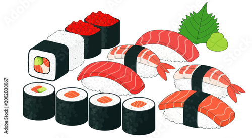 Assortment of Fresh Sushi and Sashimi with Wasabi and Ginger - Japanese Cuisine