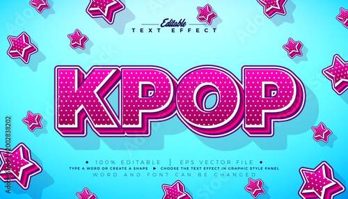 K Pop Editable Text Effect Design Modern Korean Trend Graphic Style with Star and Typography Lettering on Blue Background. Premium Illustration Mockup Template for Greeting Card, Flyer, Banner