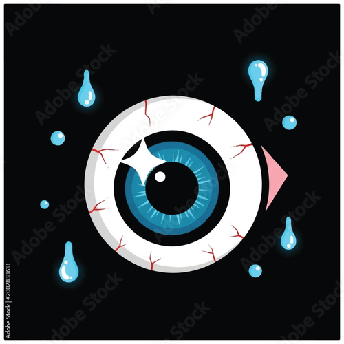 Blue eye with tear drops falling.