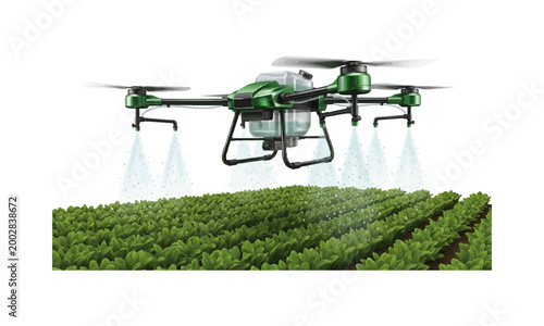 3d vector illustration of advanced agricultural drone spraying fine mist over healthy crop rows, realistic green farmland texture, subtle motion detail in spray droplets