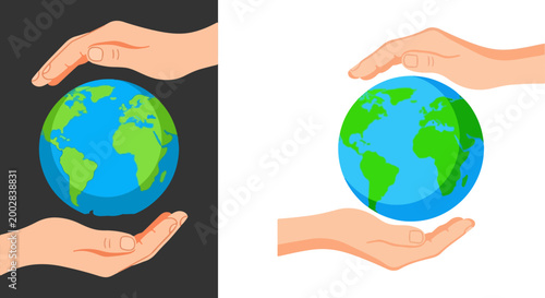 Environmental protection concept with human hands holding earth globe, ecology and sustainability vector illustration, planet care and global conservation