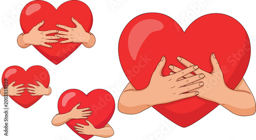 Red heart hug vector set, human hands embracing love symbols, self care and mental health concept icons, romantic valentine day graphics