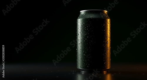 Cold soda can with water droplets on a dark background, refreshing drink concept, beverage packaging, thirst quenching soda can