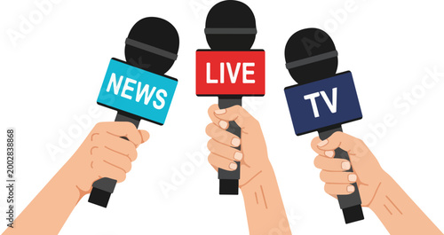 Journalism microphone vector illustration, hands holding news mics for live TV broadcast, press conference and media interview concept